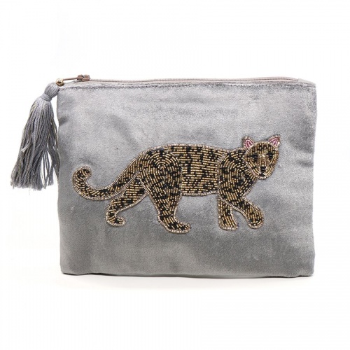 Grey Velvet Embellished Leopard Purse by Peace of Mind